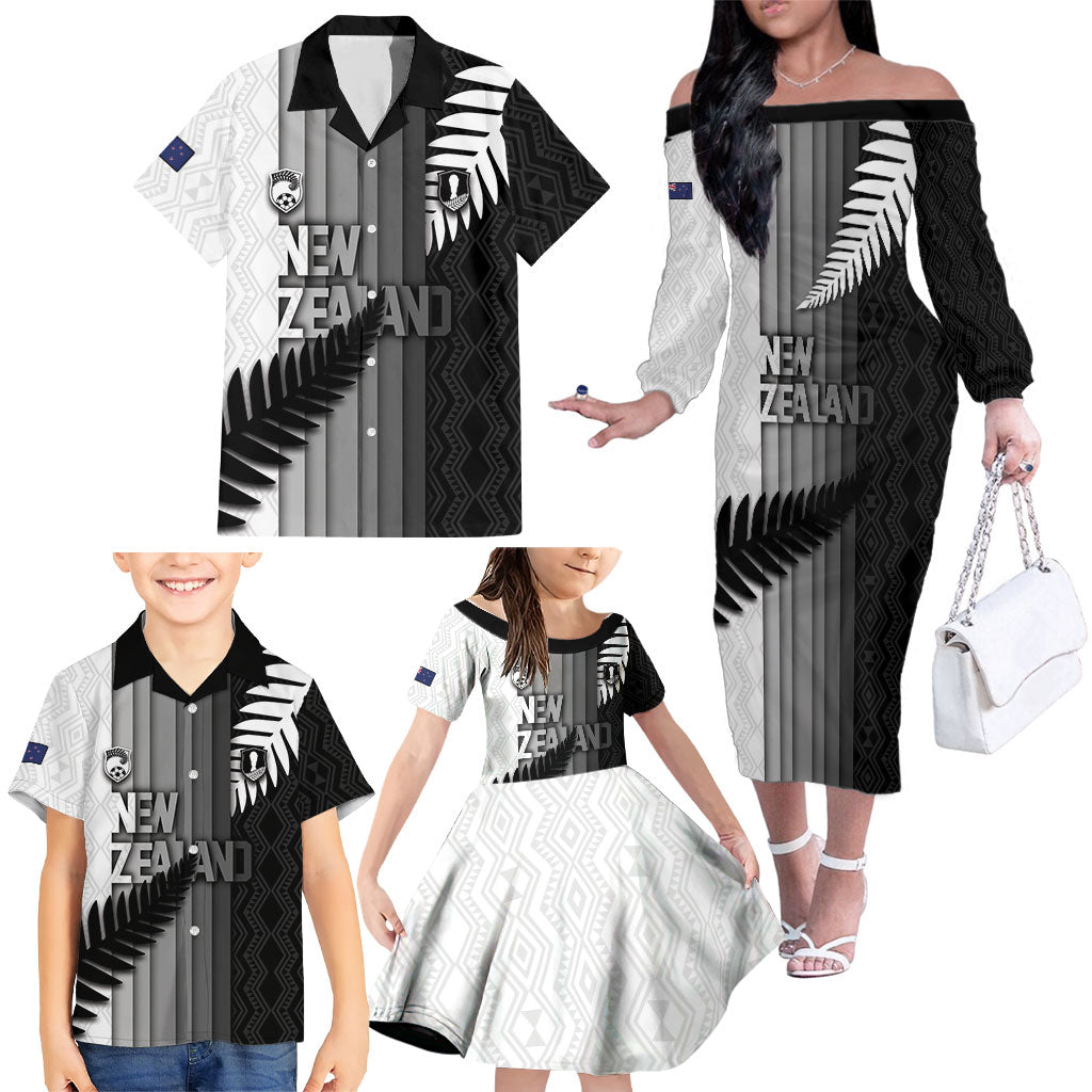 Custom New Zealand Football Family Matching Off The Shoulder Long Sleeve Dress and Hawaiian Shirt Silver Fern Maori Pattern Monochrome