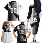 Custom New Zealand Football Family Matching Off The Shoulder Long Sleeve Dress and Hawaiian Shirt Silver Fern Maori Pattern Monochrome