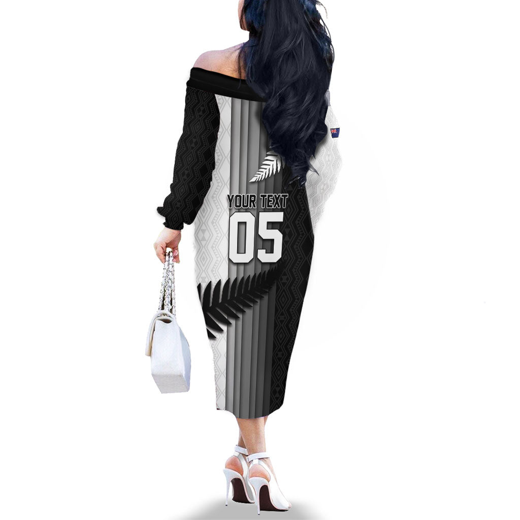 Custom New Zealand Football Family Matching Off The Shoulder Long Sleeve Dress and Hawaiian Shirt Silver Fern Maori Pattern Monochrome