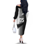 Custom New Zealand Football Family Matching Off The Shoulder Long Sleeve Dress and Hawaiian Shirt Silver Fern Maori Pattern Monochrome