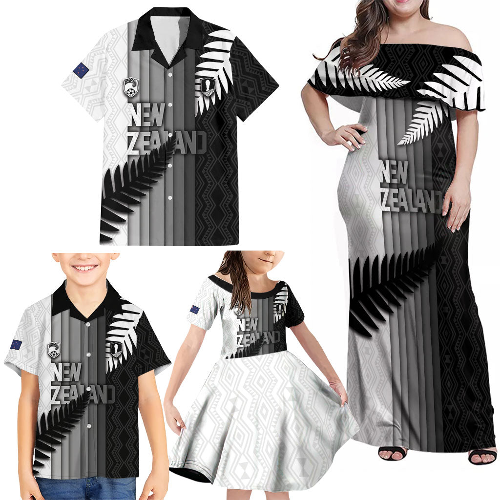 Custom New Zealand Football Family Matching Off Shoulder Maxi Dress and Hawaiian Shirt Silver Fern Maori Pattern Monochrome