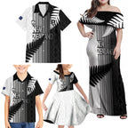 Custom New Zealand Football Family Matching Off Shoulder Maxi Dress and Hawaiian Shirt Silver Fern Maori Pattern Monochrome