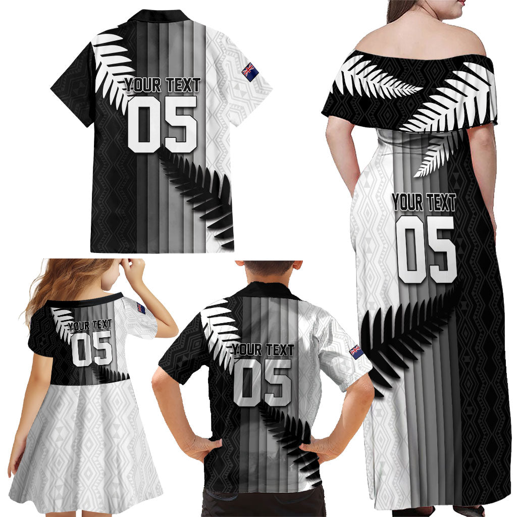 Custom New Zealand Football Family Matching Off Shoulder Maxi Dress and Hawaiian Shirt Silver Fern Maori Pattern Monochrome
