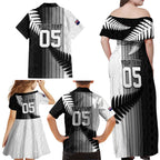 Custom New Zealand Football Family Matching Off Shoulder Maxi Dress and Hawaiian Shirt Silver Fern Maori Pattern Monochrome