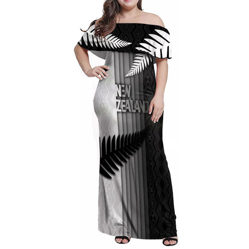Custom New Zealand Football Family Matching Off Shoulder Maxi Dress and Hawaiian Shirt Silver Fern Maori Pattern Monochrome