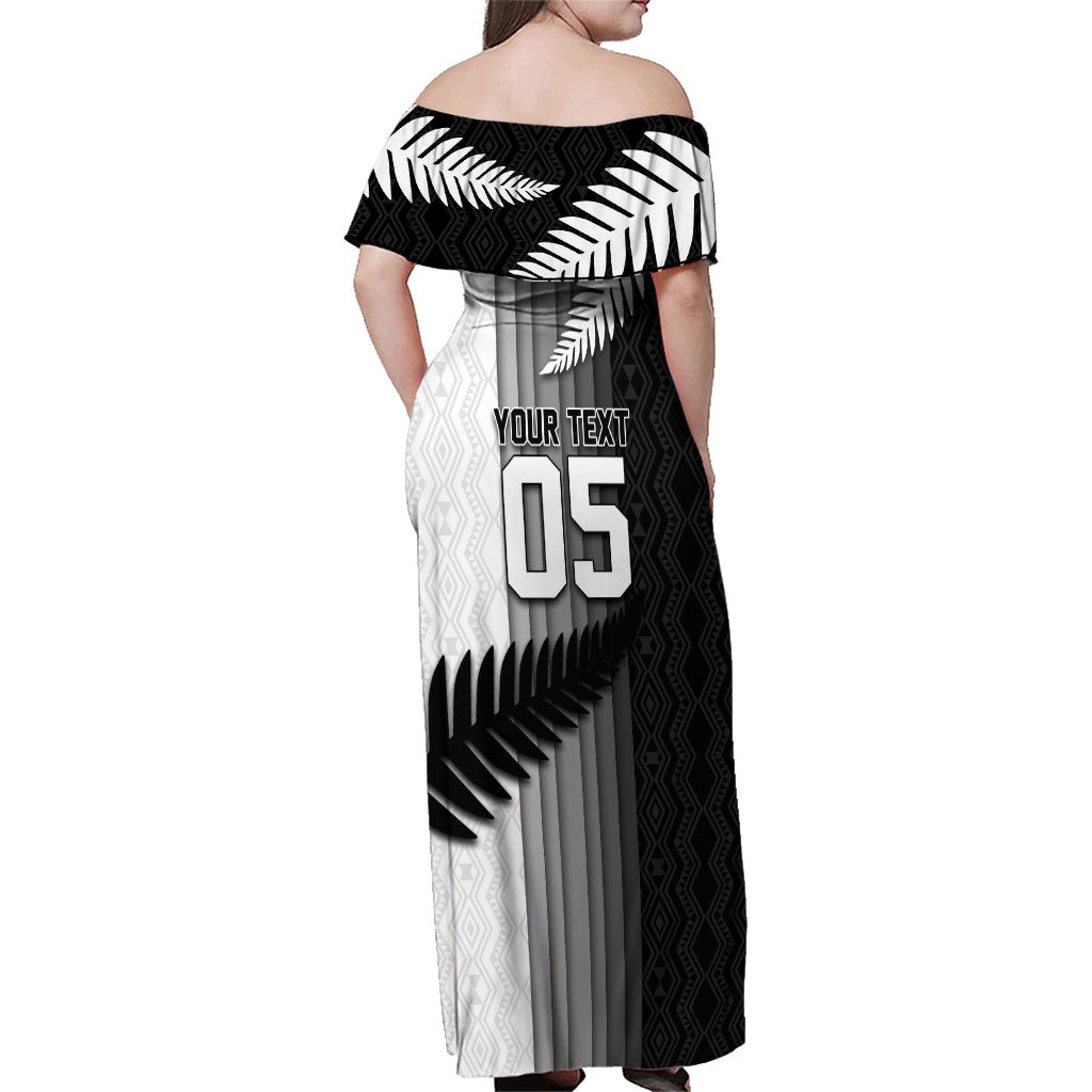 Custom New Zealand Football Family Matching Off Shoulder Maxi Dress and Hawaiian Shirt Silver Fern Maori Pattern Monochrome