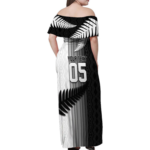 Custom New Zealand Football Family Matching Off Shoulder Maxi Dress and Hawaiian Shirt Silver Fern Maori Pattern Monochrome