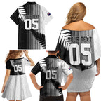 Custom New Zealand Football Family Matching Off Shoulder Short Dress and Hawaiian Shirt Silver Fern Maori Pattern Monochrome