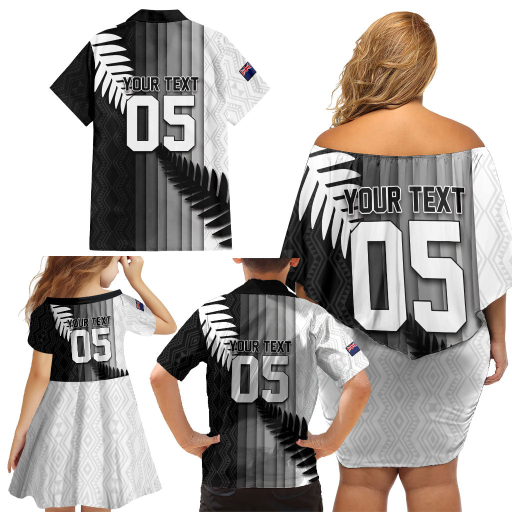 Custom New Zealand Football Family Matching Off Shoulder Short Dress and Hawaiian Shirt Silver Fern Maori Pattern Monochrome