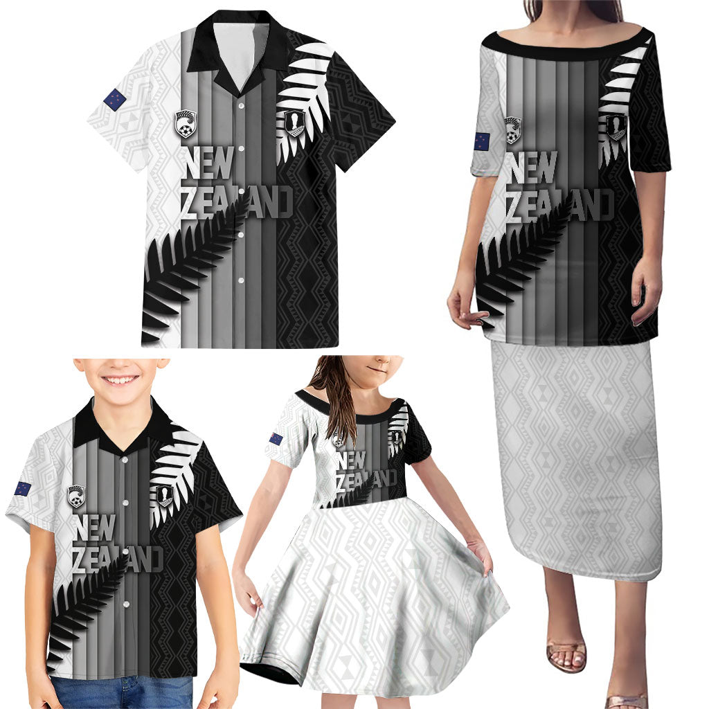 Custom New Zealand Football Family Matching Puletasi and Hawaiian Shirt Silver Fern Maori Pattern Monochrome