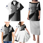 Custom New Zealand Football Family Matching Puletasi and Hawaiian Shirt Silver Fern Maori Pattern Monochrome