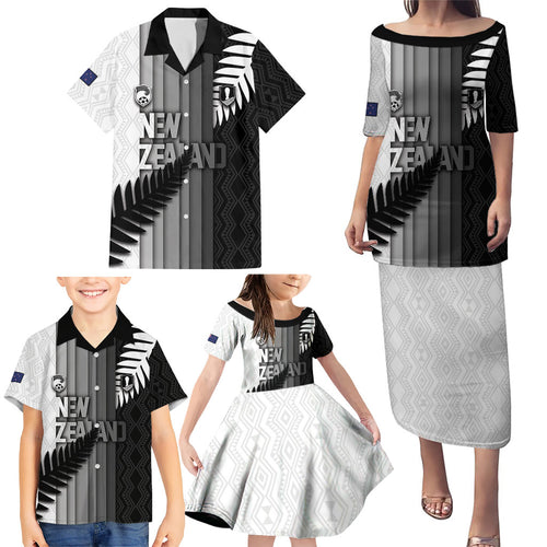Custom New Zealand Football Family Matching Puletasi and Hawaiian Shirt Silver Fern Maori Pattern Monochrome