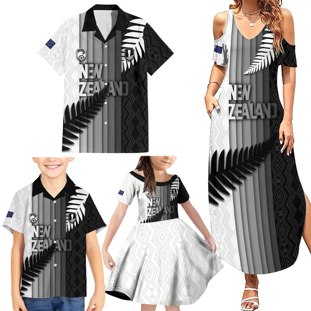 Custom New Zealand Football Family Matching Summer Maxi Dress and Hawaiian Shirt Silver Fern Maori Pattern Monochrome