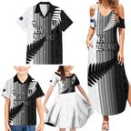 Custom New Zealand Football Family Matching Summer Maxi Dress and Hawaiian Shirt Silver Fern Maori Pattern Monochrome