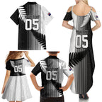 Custom New Zealand Football Family Matching Summer Maxi Dress and Hawaiian Shirt Silver Fern Maori Pattern Monochrome