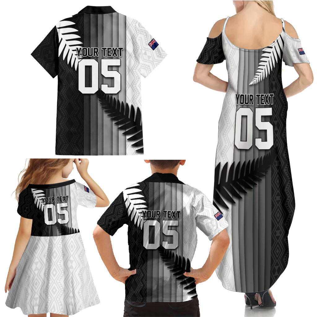 Custom New Zealand Football Family Matching Summer Maxi Dress and Hawaiian Shirt Silver Fern Maori Pattern Monochrome