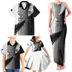 Custom New Zealand Football Family Matching Tank Maxi Dress and Hawaiian Shirt Silver Fern Maori Pattern Monochrome