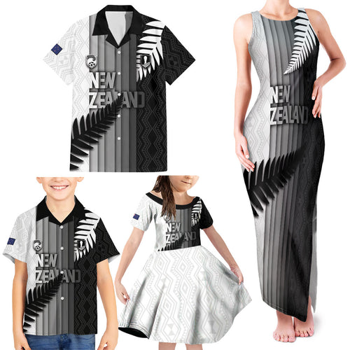 Custom New Zealand Football Family Matching Tank Maxi Dress and Hawaiian Shirt Silver Fern Maori Pattern Monochrome