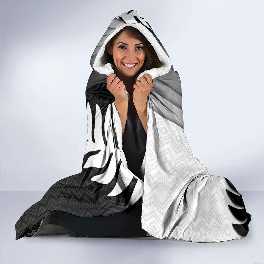 New Zealand Football Hooded Blanket Silver Fern Maori Pattern Monochrome