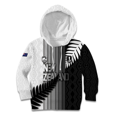 Custom New Zealand Football Kid Hoodie Silver Fern Maori Pattern Monochrome