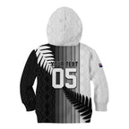 Custom New Zealand Football Kid Hoodie Silver Fern Maori Pattern Monochrome