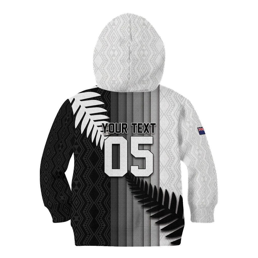 Custom New Zealand Football Kid Hoodie Silver Fern Maori Pattern Monochrome
