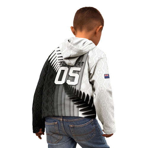 Custom New Zealand Football Kid Hoodie Silver Fern Maori Pattern Monochrome