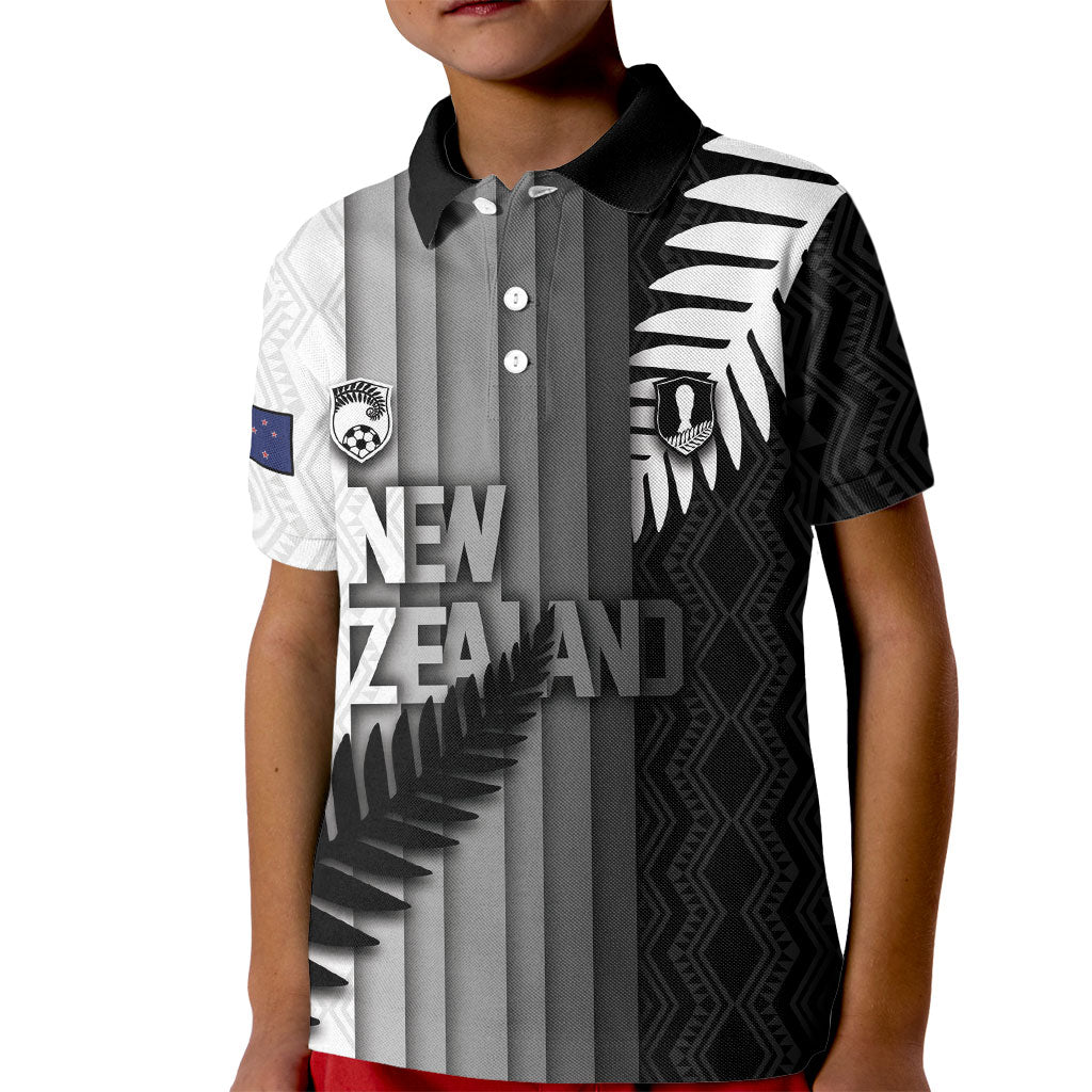Custom New Zealand Football Kid Polo Shirt Silver Fern Maori Pattern Monochrome