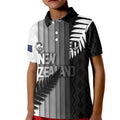 Custom New Zealand Football Kid Polo Shirt Silver Fern Maori Pattern Monochrome