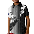 Custom New Zealand Football Kid Polo Shirt Silver Fern Maori Pattern Monochrome