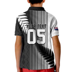 Custom New Zealand Football Kid Polo Shirt Silver Fern Maori Pattern Monochrome