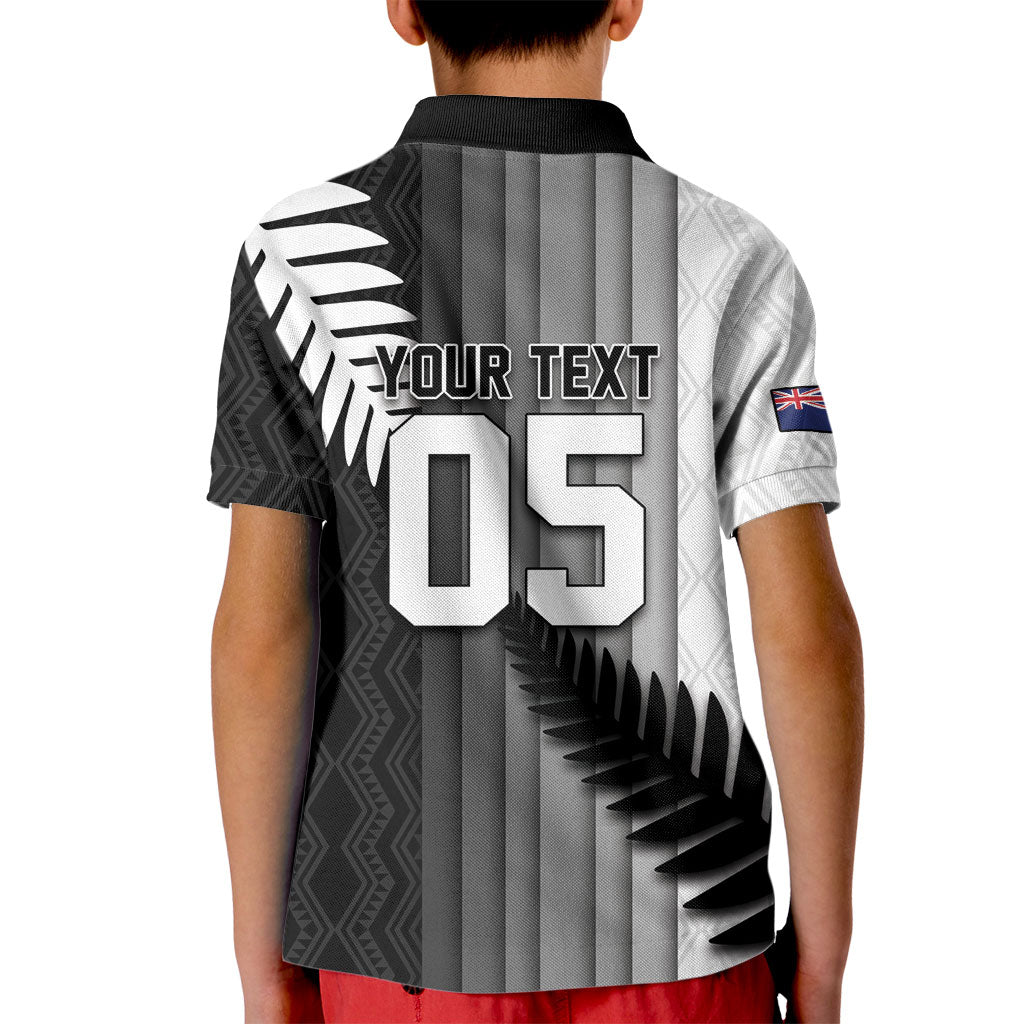 Custom New Zealand Football Kid Polo Shirt Silver Fern Maori Pattern Monochrome