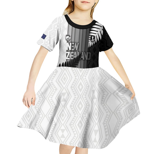 Custom New Zealand Football Kid Short Sleeve Dress Silver Fern Maori Pattern Monochrome