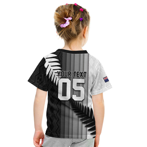 Custom New Zealand Football Kid T Shirt Silver Fern Maori Pattern Monochrome