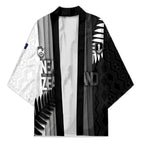 Custom New Zealand Football Kimono Silver Fern Maori Pattern Monochrome
