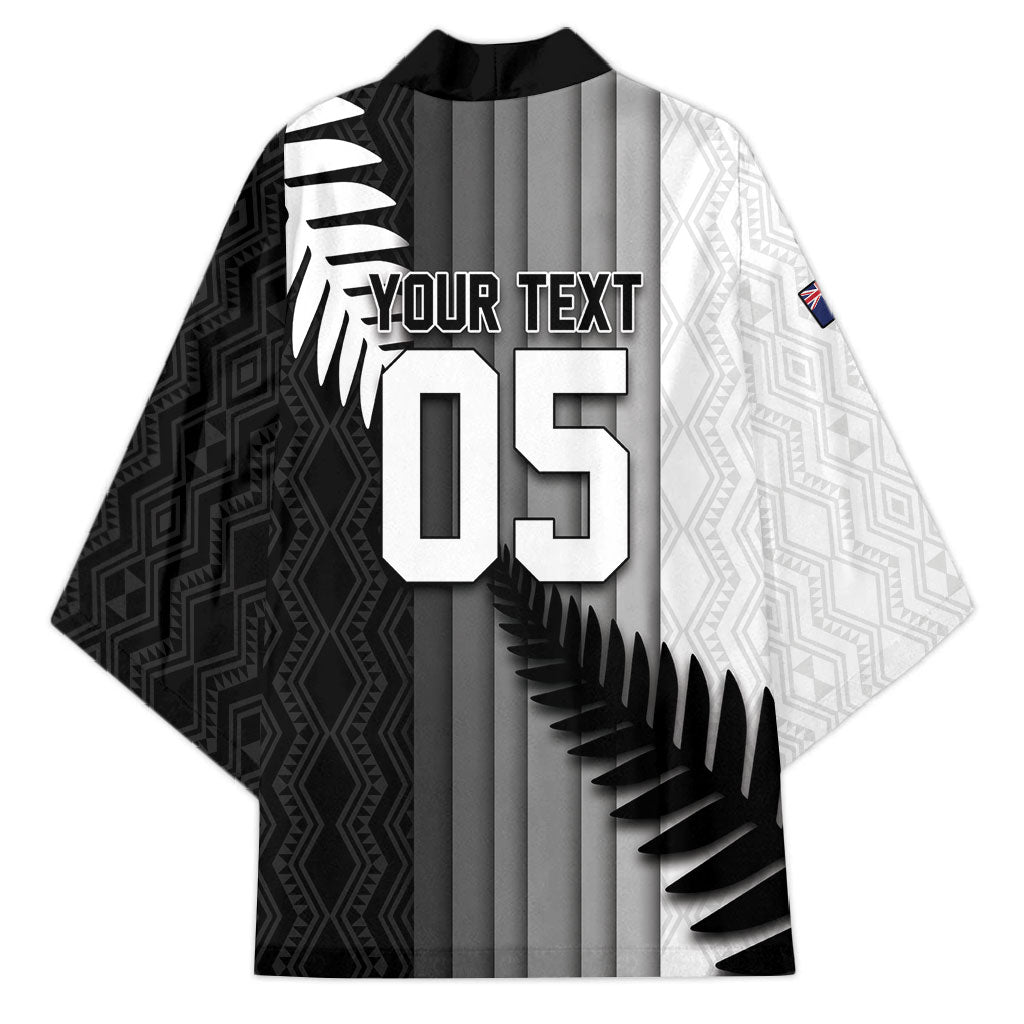 Custom New Zealand Football Kimono Silver Fern Maori Pattern Monochrome