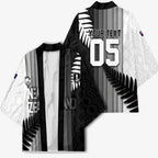 Custom New Zealand Football Kimono Silver Fern Maori Pattern Monochrome