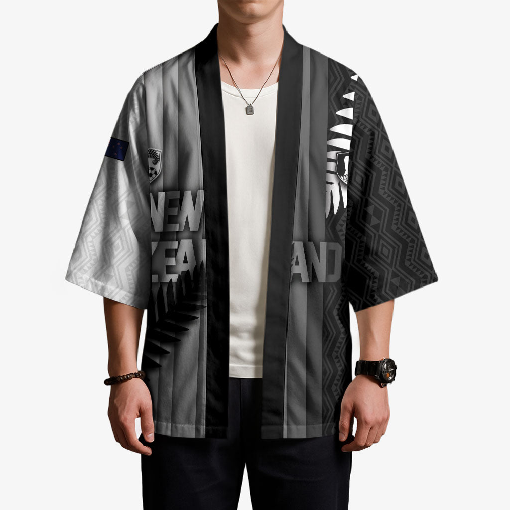 Custom New Zealand Football Kimono Silver Fern Maori Pattern Monochrome
