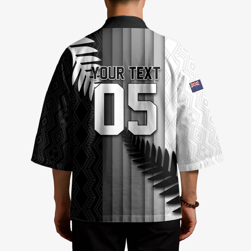 Custom New Zealand Football Kimono Silver Fern Maori Pattern Monochrome