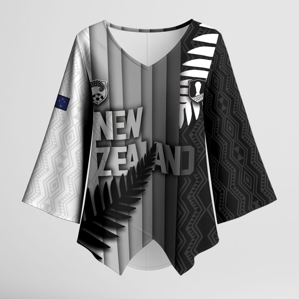 Custom New Zealand Football Kimono Sleeve Blouse Silver Fern Maori Pattern Monochrome