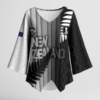 Custom New Zealand Football Kimono Sleeve Blouse Silver Fern Maori Pattern Monochrome