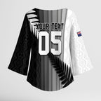 Custom New Zealand Football Kimono Sleeve Blouse Silver Fern Maori Pattern Monochrome
