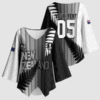 Custom New Zealand Football Kimono Sleeve Blouse Silver Fern Maori Pattern Monochrome