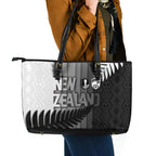 New Zealand Football Leather Tote Bag Silver Fern Maori Pattern Monochrome