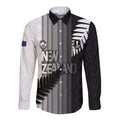 Custom New Zealand Football Long Sleeve Button Shirt Silver Fern Maori Pattern Monochrome