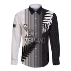 Custom New Zealand Football Long Sleeve Button Shirt Silver Fern Maori Pattern Monochrome