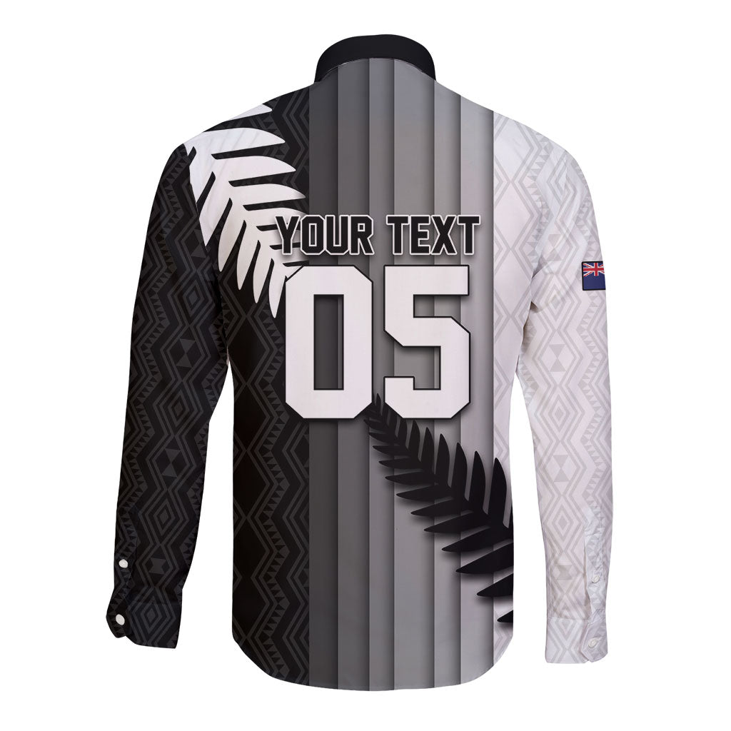 Custom New Zealand Football Long Sleeve Button Shirt Silver Fern Maori Pattern Monochrome
