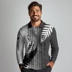 Custom New Zealand Football Long Sleeve Polo Shirt Silver Fern Maori Pattern Monochrome