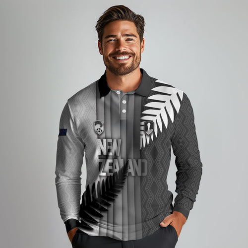 Custom New Zealand Football Long Sleeve Polo Shirt Silver Fern Maori Pattern Monochrome