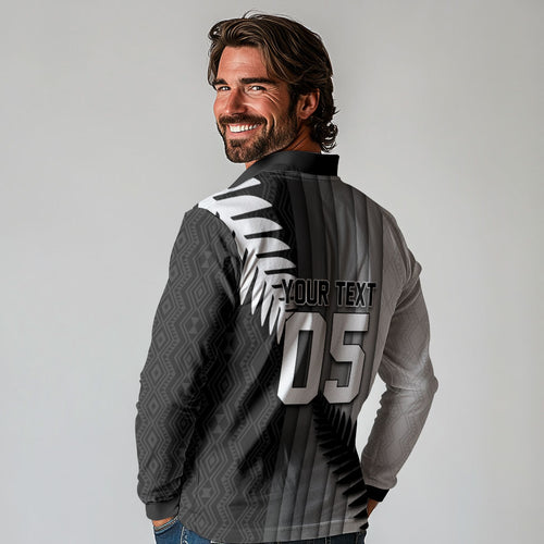 Custom New Zealand Football Long Sleeve Polo Shirt Silver Fern Maori Pattern Monochrome